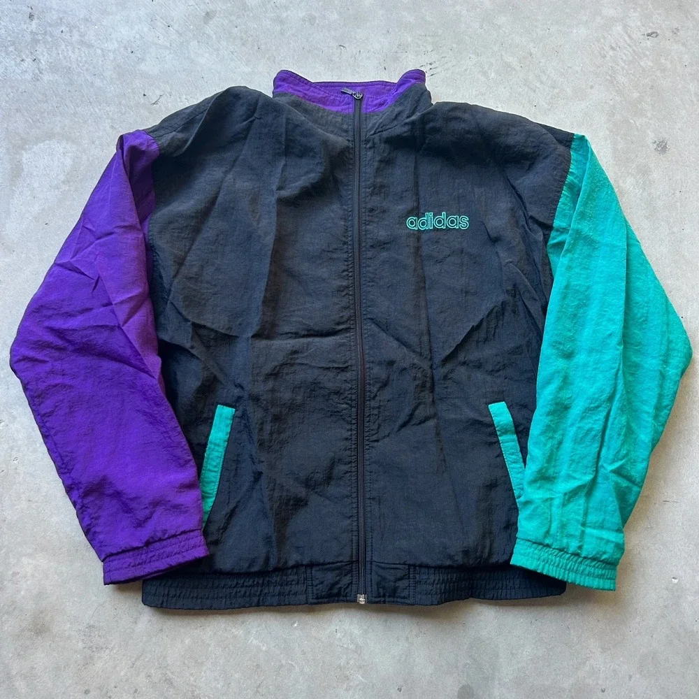 Vintage Adidas Windbreaker Jacket Large Black Purple Teal Trefoil Logo 90s Zip